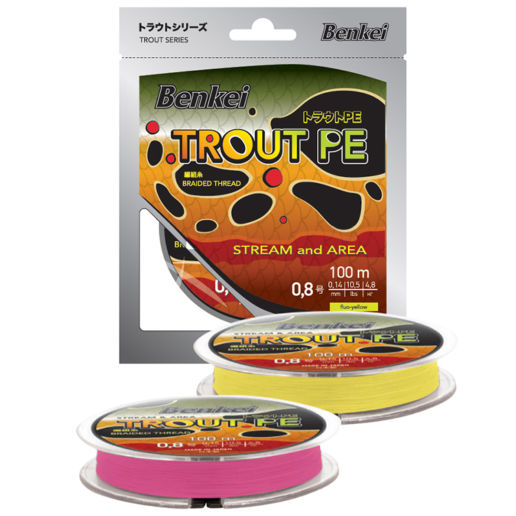 Шнур Benkei Trout PE 100m, желтый fluo #0,8 (0,148mm), 4,8kg